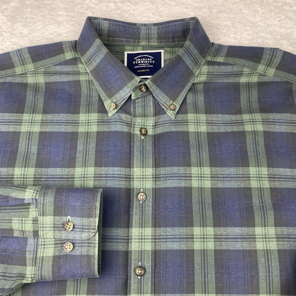 Charles Tyrwhitt Shirt Mens XL Blue/Green Plaid Classic Fit Flip Cuffs